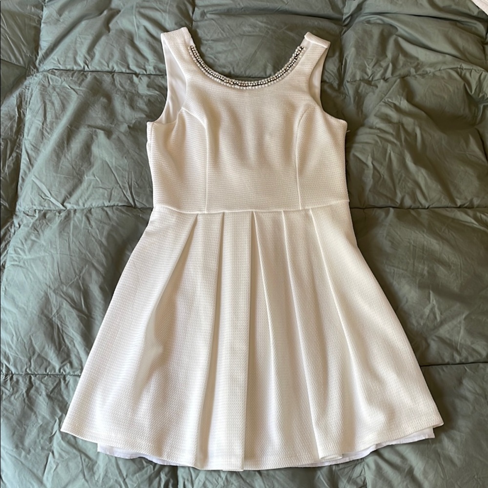 White Mini Dress with Beaded Neckline